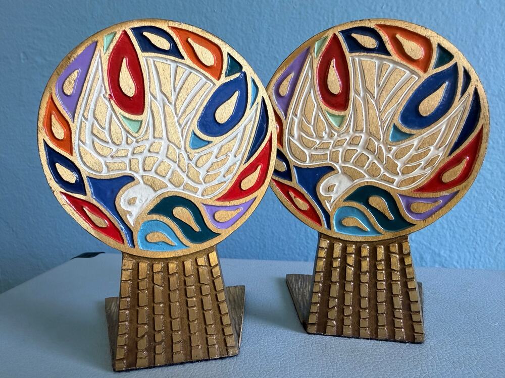 Vintage 1969 Terra Sancta Guild Brass Peace Dove Bookends Pair, MCM Enamel